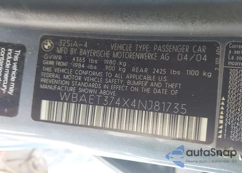 2004 BMW 325I из США, поврежденный, VIN WBAET374X4NJ81735